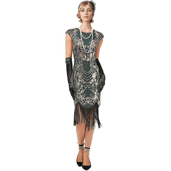 💚✨ 7PCS 1920s Great Gatsby Flapper Green Sequin Dress & Accessories Set 3XL NEW - Picture 6 of 16